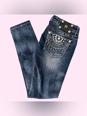 Y2K Miss Me 26x30 Low Rise Signature Rise Skinny Bedazzled Jewel Denim Jeans